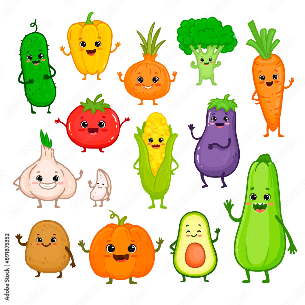 Set of cartoon vegetable characters. Cute broccoli, potato, carrot, tomato, pepper, eggplant, onion, cucumber, corn, avocado, pumpkin with arms and legs for kids. Food illustration. Menu.