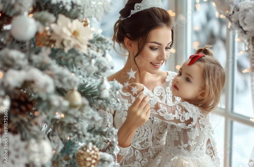 Woman And Child In White Dresses During Christmas