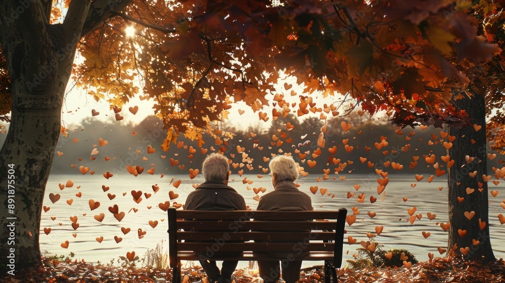 loving elderly couple sits on a bench in the park, surrounded by golden leaves falling like hearts in the autumn breeze.