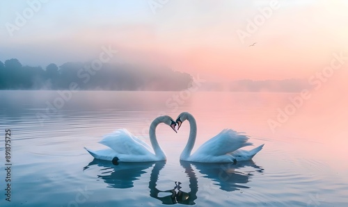 Two swans create a heart shape with their necks on a serene lake at sunrise, enveloped in soft, pastel hues and misty ambiance. Ethereal Sunrise on Misty Lake with Romantic Swan Pair Forming a Heart 