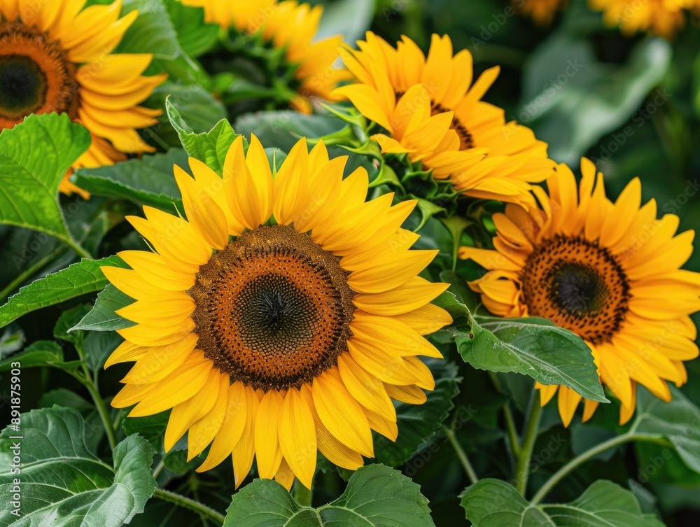 Obraz premium Yellow Sunflowers with Green Leaves
