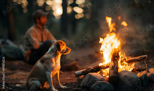 Camping trip with a dog. Man near bonfire with hie dog. Summer vacation and holiday concept. Dog-friendly camping. Pet-friendly vacation rental. Banner with copy space. photo