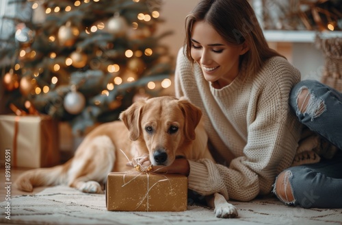 Woman And Dog By Christmas Tree
