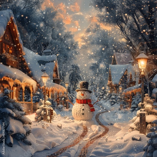 Snowy Village Street at Sunset
