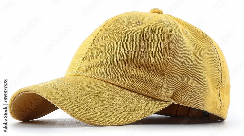 plain yellow baseball cap rests on a white surface, ready for its next journey. plain yellow baseball cap rests on a white surface, ready for its next journey.