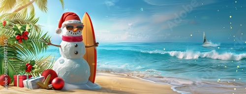 Snowman Surfing on a Tropical Beach