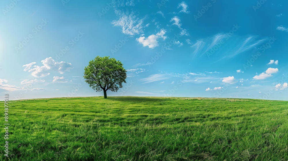 Fototapeta premium Green grassy field with blue sky and one tree.