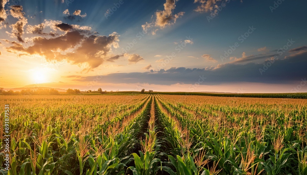 A sun rising in the horizon of a vast corn field with dramatic clouds in the sky A sun rising in the horizon of a vast corn field with dramatic clouds in the sky