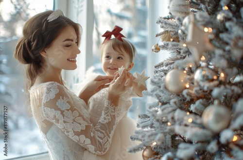 Woman And Child In White Dresses During Christmas