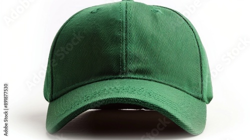 plain, solid green baseball cap sits on a white background. The cap is brand new and ready to be personalized. photo