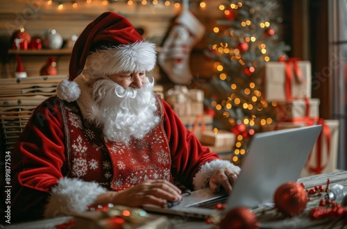Santa Claus Uses Laptop By Christmas Tree