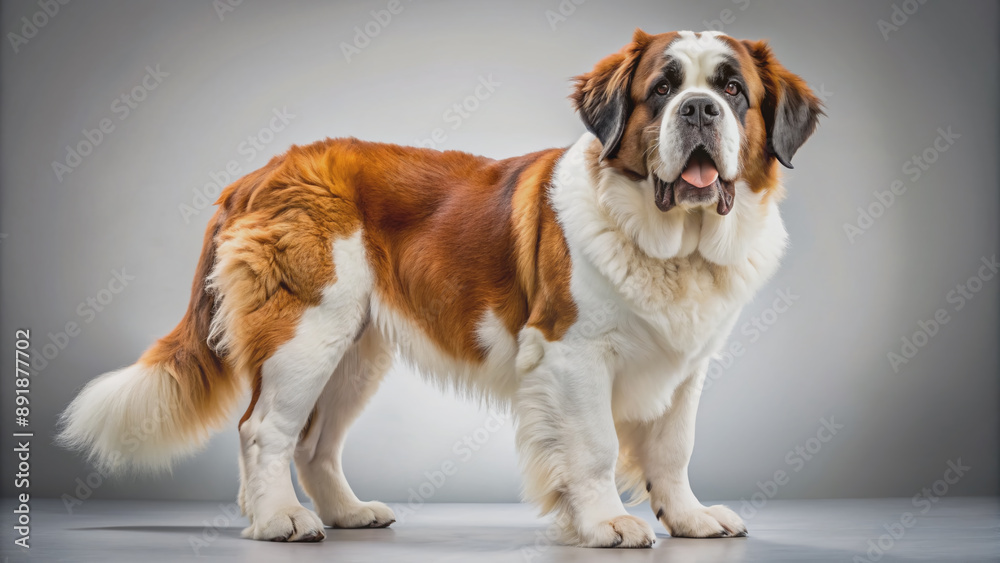 A majestic St Bernard dog stands proudly on a transparent background, its fluffy white and red coat glistening, with a friendly expression on its face. A majestic St Bernard dog stands proudly on a transparent background, its fluffy white and red coat glistening, with a friendly expression on its face.