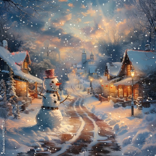 Snowy Village Street at Sunset
