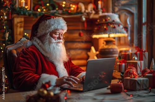 Santa Claus Uses Laptop By Christmas Tree