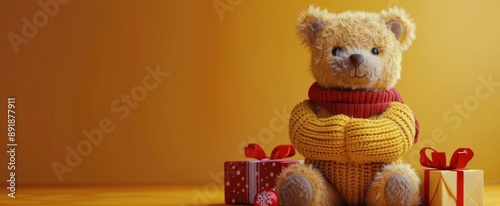 Teddy Bear Holding a Gift on Yellow Background