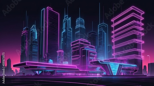 Neonlit cityscape with glowing platform ideal for futuristic projects or urbanthemed designs. Modern, vibrant, hightech, city skyline backdrop photo