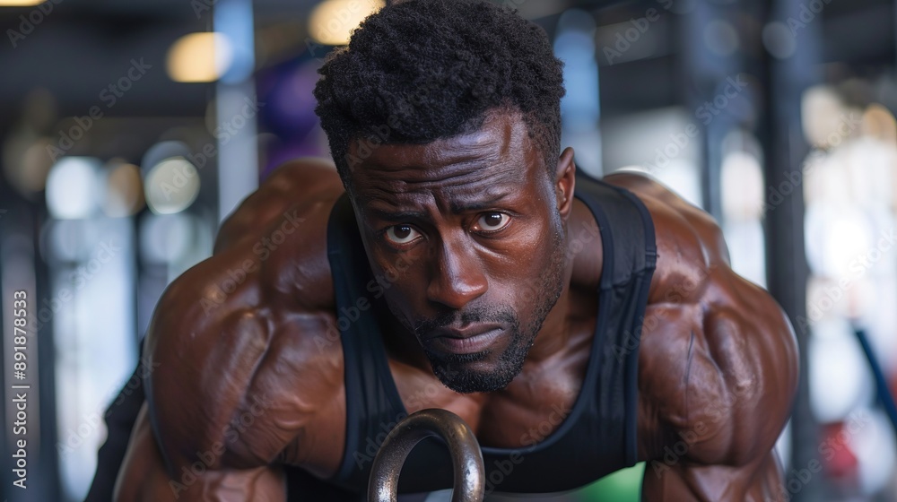 A fit black man using a kettlebell for a workout at the gym. He's building muscle and strength through weightlifting. A fit black man using a kettlebell for a workout at the gym. He's building muscle and strength through weightlifting.