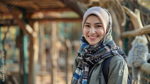 Female zoologist wearing hijab and casual clothes smiles warmly in wildlife reserve showcasing dedication to animal studies and conservation efforts