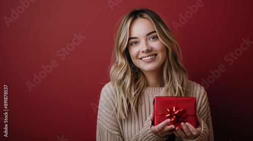 Woman Holding Red Gift Box Against Red Background photo