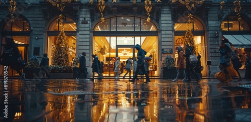 People Walking Past Storefront Windows Decorated for Christmas