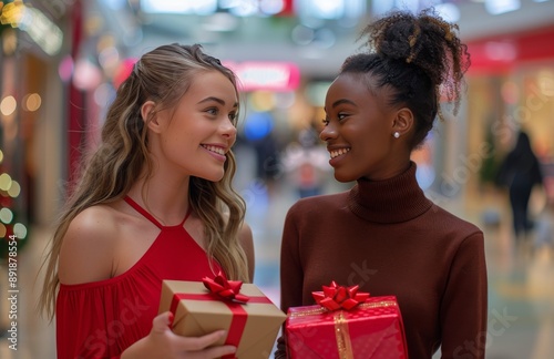 Women Exchange Christmas Gifts in Mall