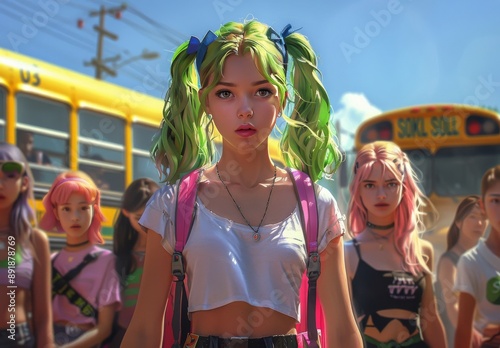 Young Woman With Green Hair Walking Past School Bus