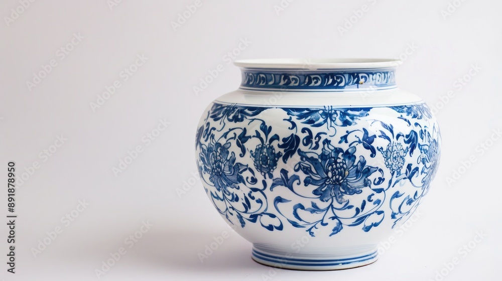 Large white and blue ceramic pot with a white backdrop antique container with space for text Large white and blue ceramic pot with a white backdrop antique container with space for text