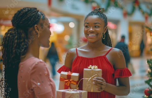 Two Women Exchange Christmas Gifts in a Mall