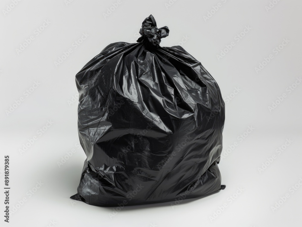 Black Trash Bag on White Floor Black Trash Bag on White Floor
