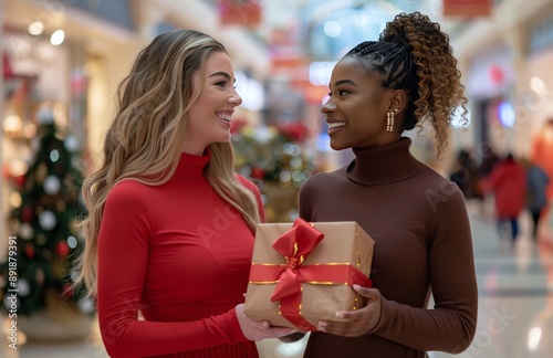 Women Exchange Christmas Gifts in Mall