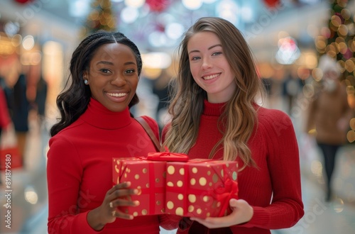 Women Exchange Christmas Gifts in Mall