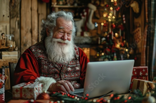 Santa Claus Checking Christmas List on Laptop