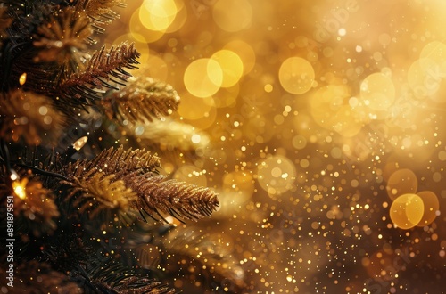 Golden Pine Branch With Bokeh Lights