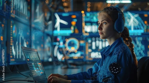 Woman Working at Computer in Control Room