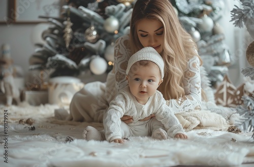 Mother and Baby by Christmas Tree