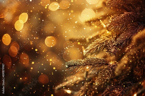 Golden Pine Branch With Bokeh Lights