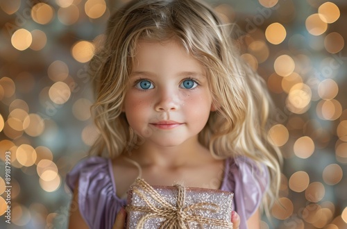 Girl Holding Gift in Front of Lights