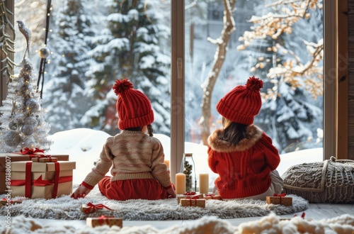 Twins Watching Winter Snowfall