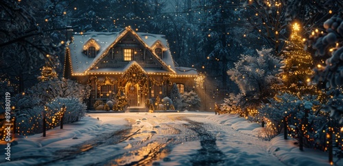Snowy Suburban Home Decorated for Christmas