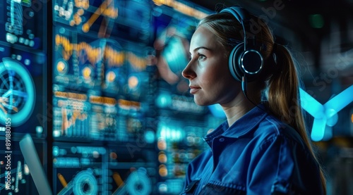 Woman Working at Computer in Control Room