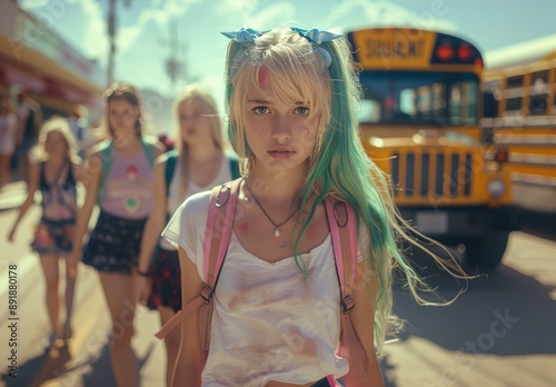 Young Woman With Green Hair Walking Past School Bus