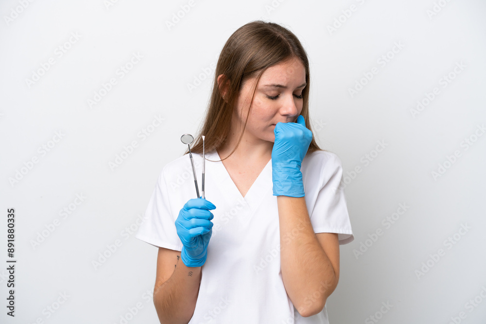 Dentist woman holding tools isolated on white background having doubts