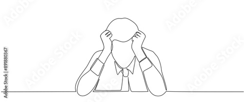 Line art illustration of businessman, sitting at his table, workplace, covering his head with hands, holding hair to relax, expressing stressed emotion. One line hand drawn design.