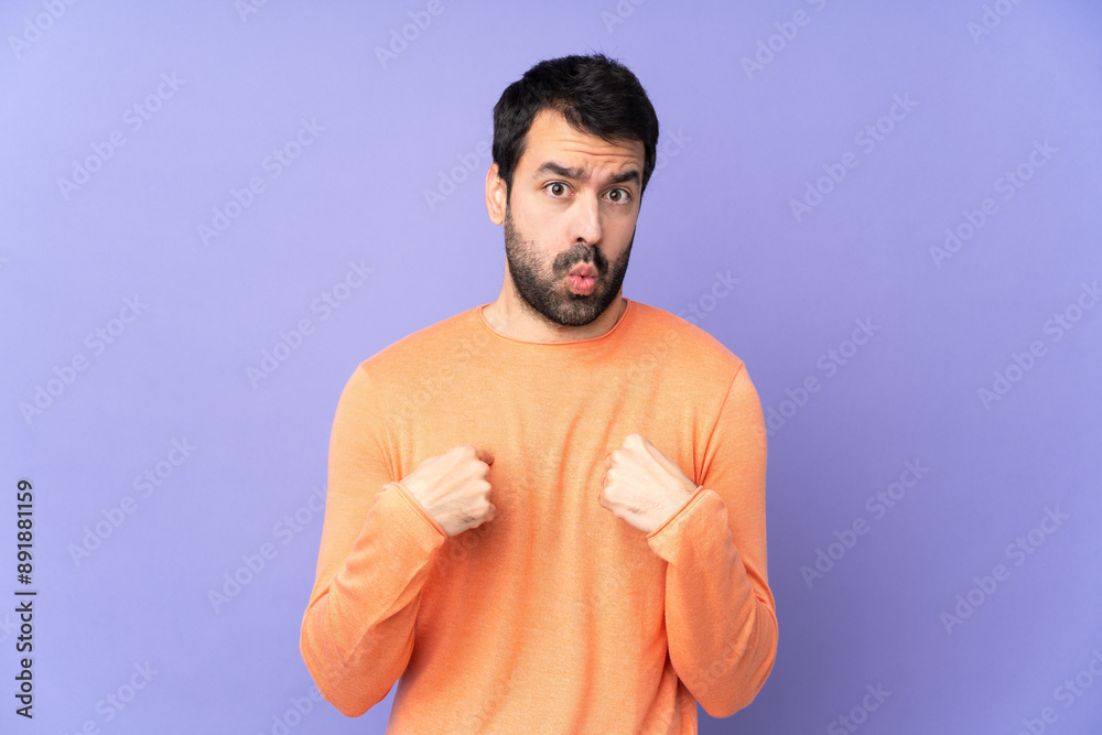 Caucasian handsome man over isolated purple background pointing to oneself Caucasian handsome man over isolated purple background pointing to oneself
