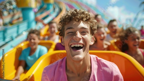 Joyful young man laughs on roller coaster with friends, capturing the thrill and excitement of a fun day at the amusement park. photo