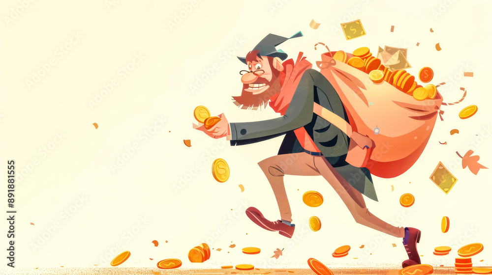 Greedy banker running with bag full of money losing coins Greedy banker running with bag full of money losing coins