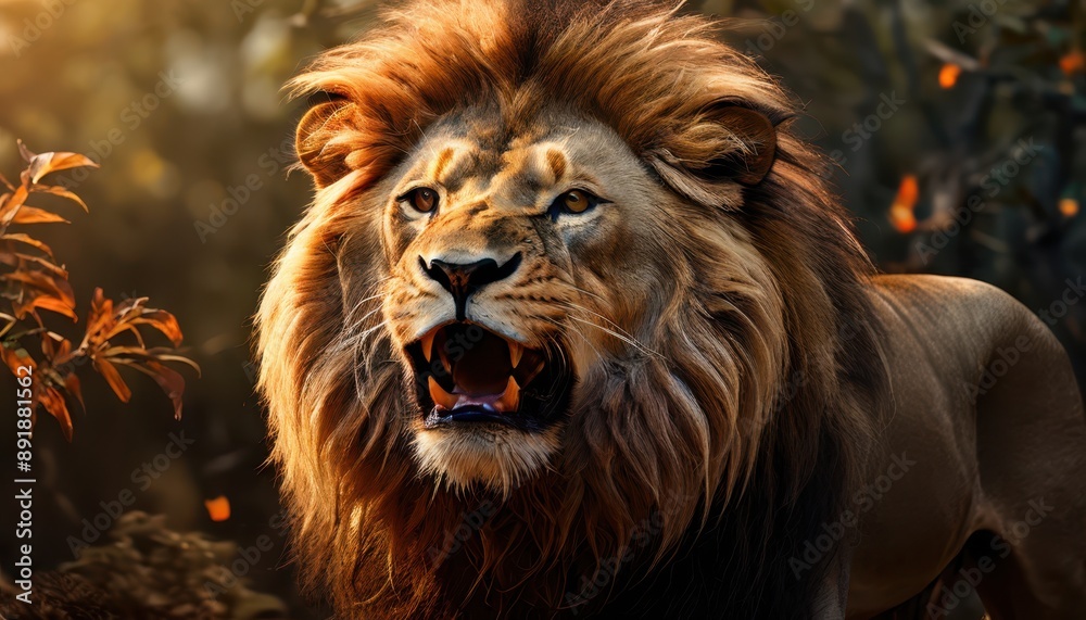 Obraz premium Roaring Lion in Jungle Setting.