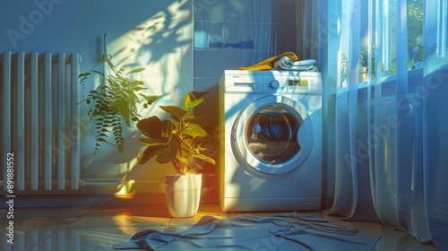 Clothes washing machine in laundry room interior  photo