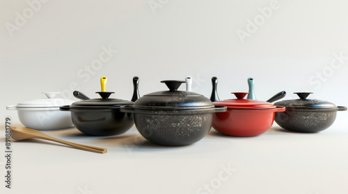 Wallpaper Mural "Collection of cooking utensils including a wok, various pots, and other cookware. The scene showcases a range of kitchen essentials designed for preparing meals, Torontodigital.ca