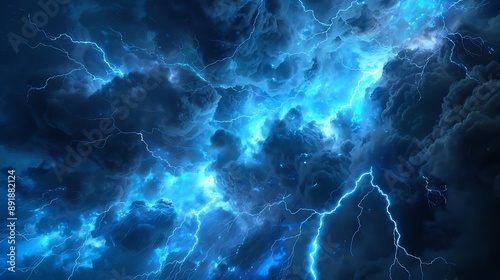 Electric blue lightning bolts illuminating a stormy sky.